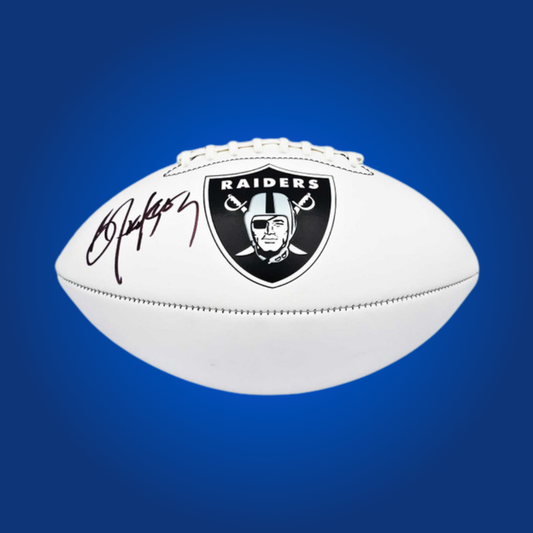 Bo Jackson signed Las Vegas Raiders logo football, a classic collectible item for Raiders fans.