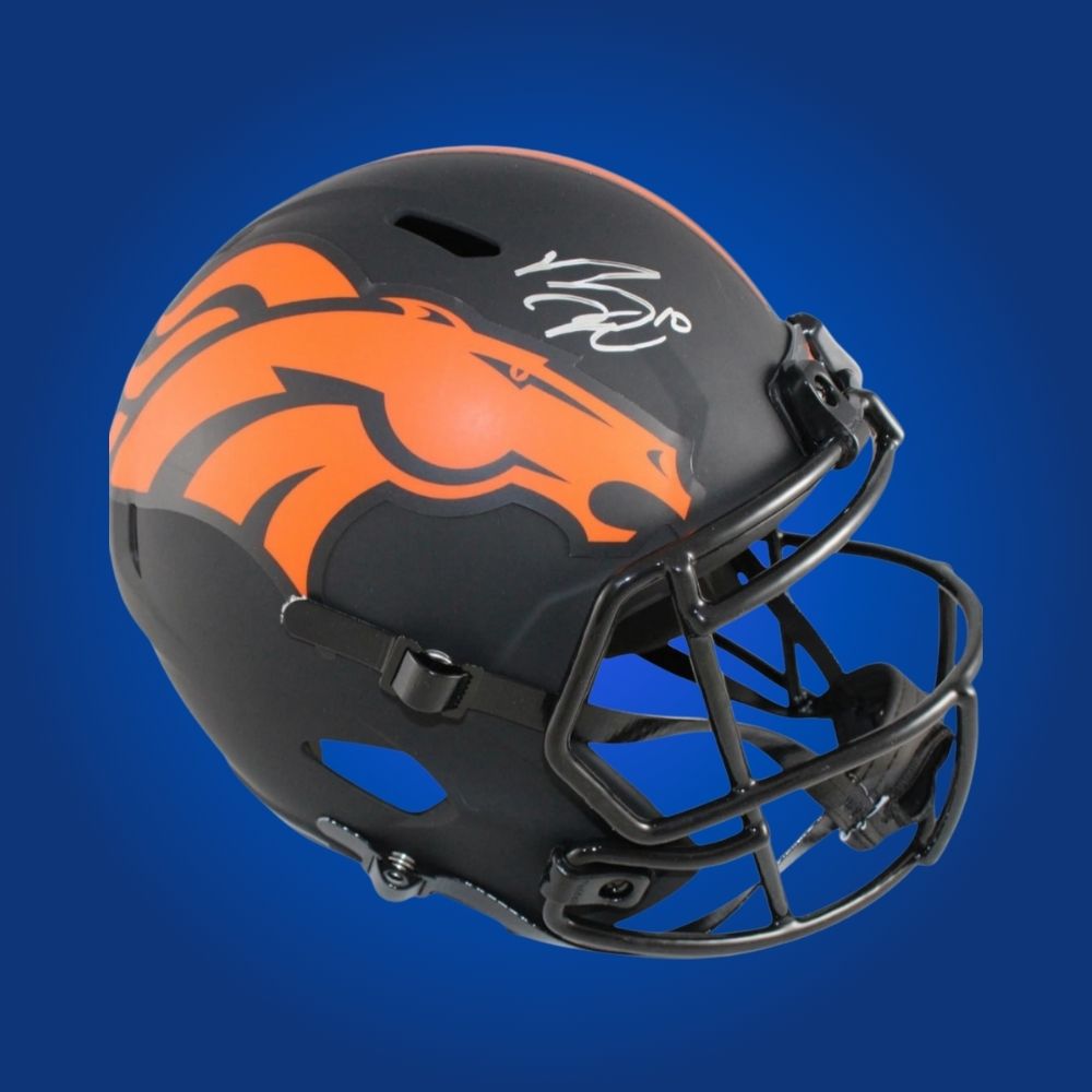 Bo Nix hand-signed blackout replica Denver Broncos helmet, showcasing signature and official team graphics. A unique collectible for Broncos fans and Nix memorabilia collectors. Includes Certificate of Authenticity. Images may differ for catalog uniformity.