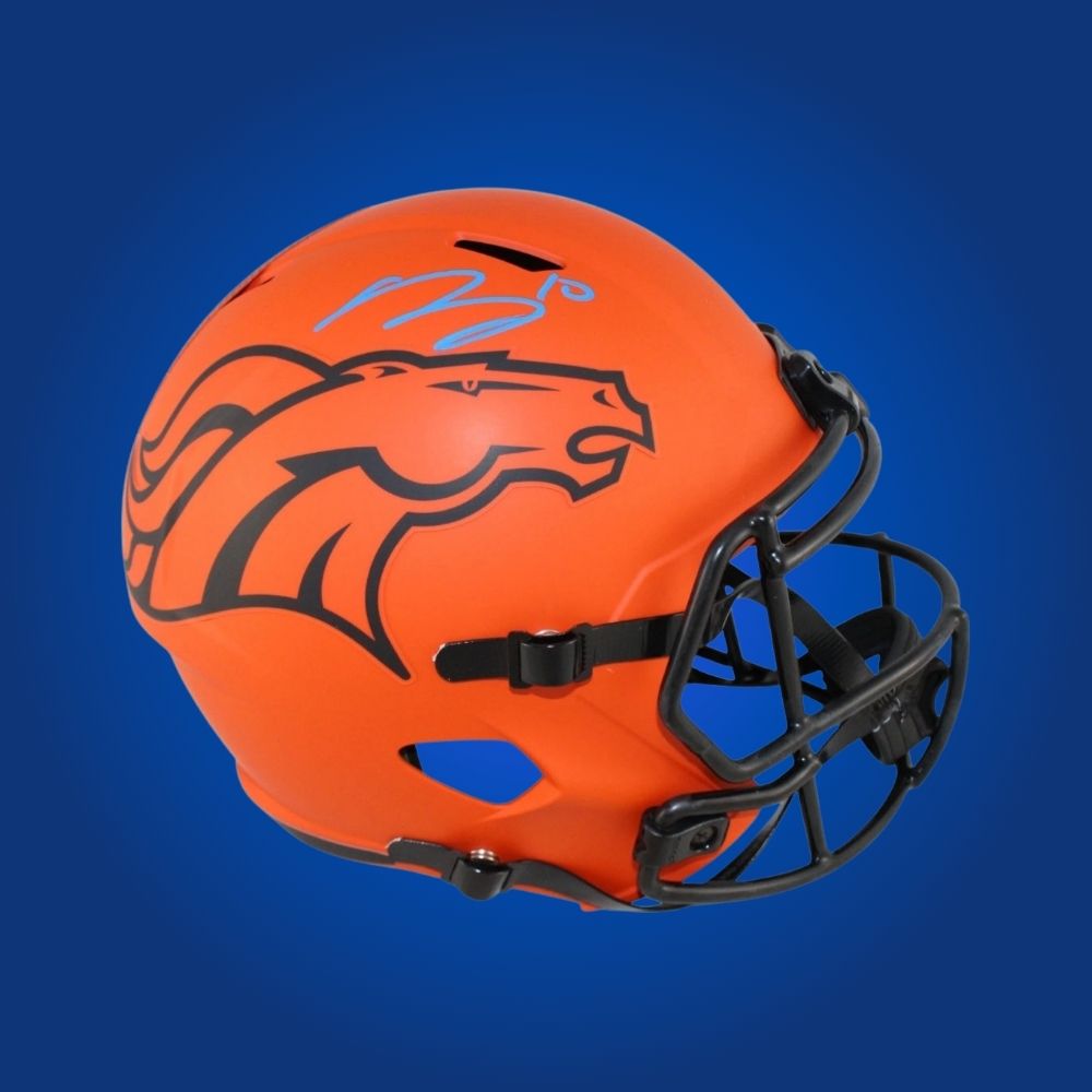 Bo Nix hand-signed rave replica Denver Broncos helmet, showcasing signature and official team graphics. A unique collectible for Broncos fans and Nix memorabilia collectors. Includes Certificate of Authenticity. Images may differ for catalog uniformity.