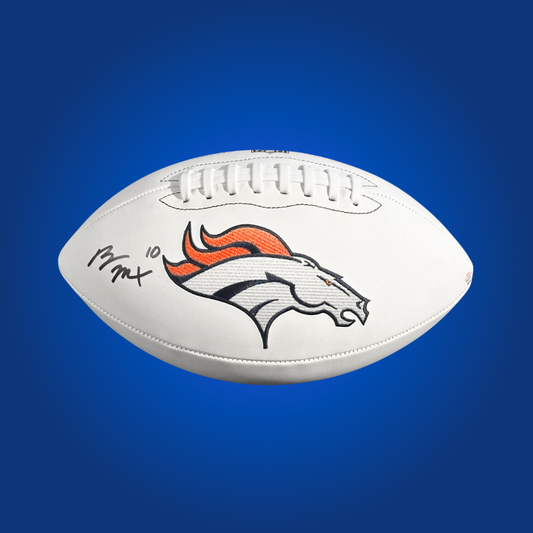 Bo Nix signed Denver Broncos logo football with an authentic autograph, great for Broncos supporters.