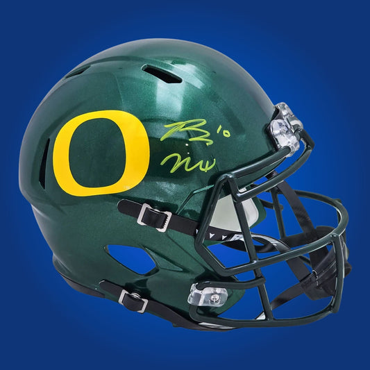 Autographed Oregon Ducks full size replica helmet signed by Bo Nix, presented against a white background. SportsMarkets official product image.