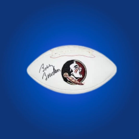 Bobby Bowden autographed Florida St Seminoles white logo football, must-have memorabilia for Seminoles collectors and fans.