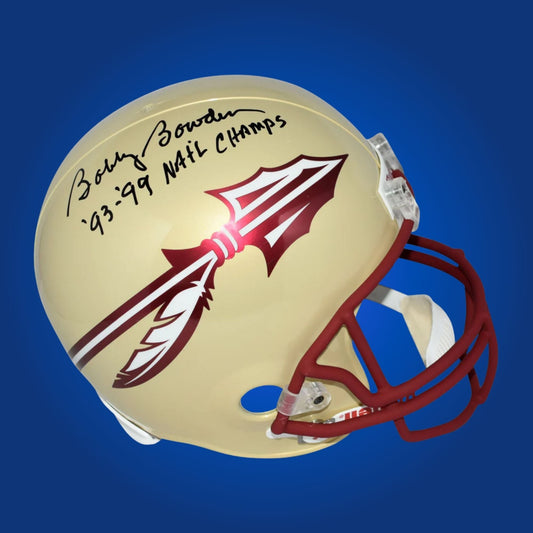 Autographed Florida State Seminoles full size replica helmet signed by Bobby Bowden, shown on a white background. SportsMarkets product image.
