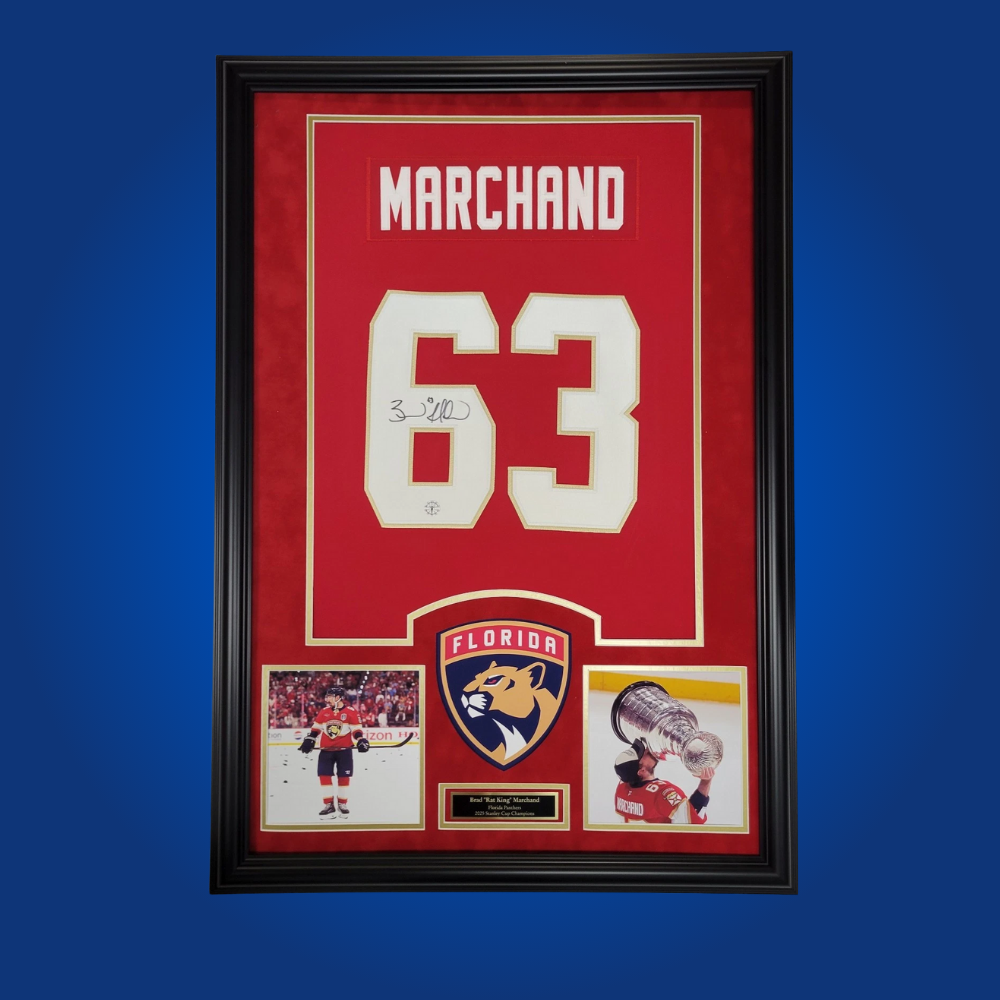 Brad Marchand’s autographed full framed Florida Panthers red jersey is an eye-catching collectible, honoring the accomplished NHL forward with a unique team twist.