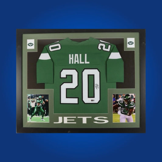 Framed New York Jets custom jersey signed by Breece Hall with Certificate of Authenticity.