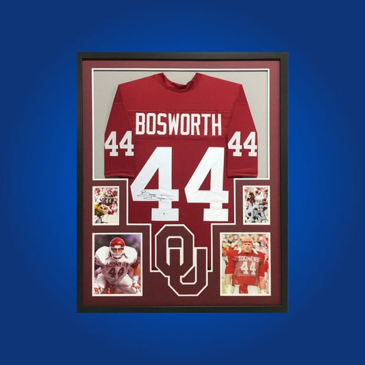 Brian Bosworth Signed Full Framed Custom Oklahoma Sooners Jersey – autographed memorabilia, dominant linebacker collectible, classic for Oklahoma fans.