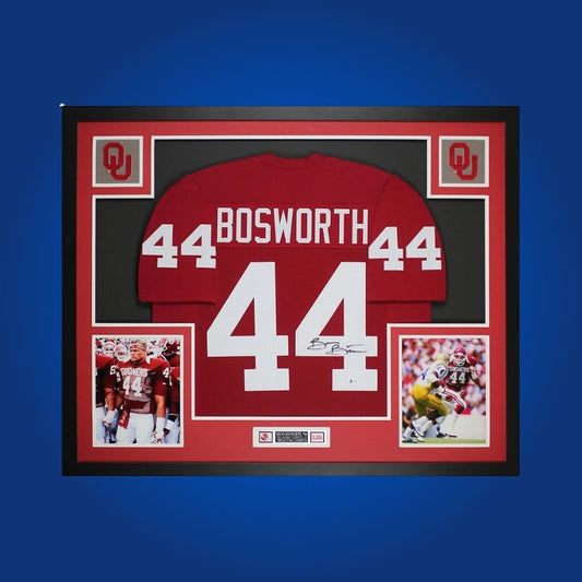 Brian Bosworth Signed Full Framed Custom Oklahoma Sooners Jersey – autographed memorabilia, dominant linebacker collectible, classic for Oklahoma fans.