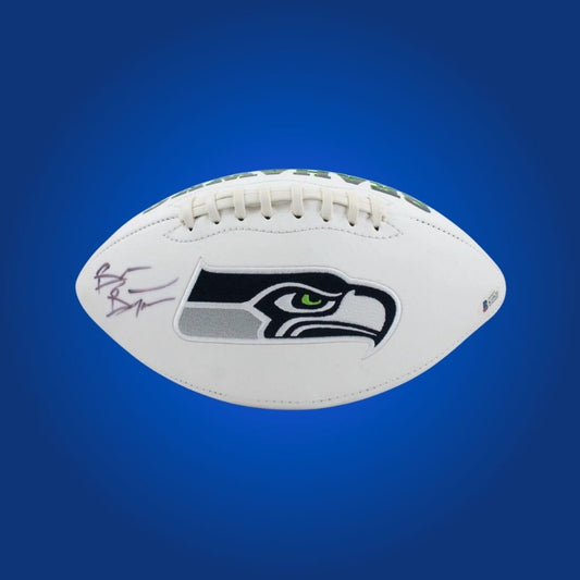 Brian Bosworth autographed Seahawks logo football, showing linebacker’s signature and Seahawks branding.