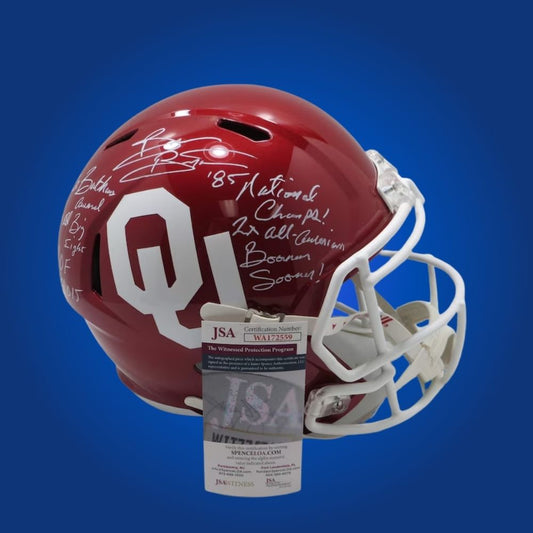 Autographed Oklahoma Sooners full size Authentic Helmet signed by Brian Bosworth, presented on a white background. SportsMarkets product image.