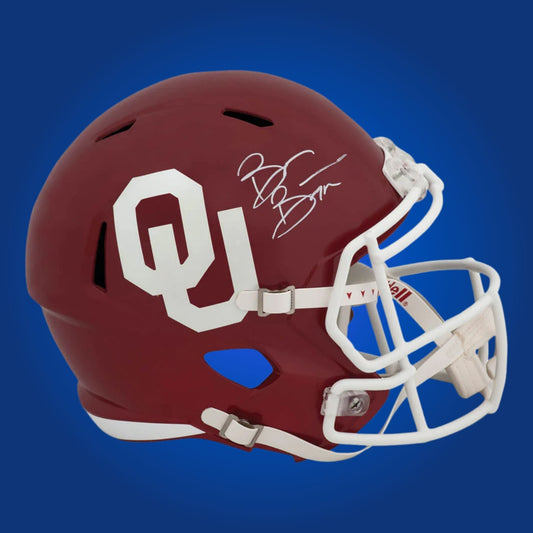 Autographed Oklahoma Sooners full size replica helmet signed by Brian Bosworth, presented on a white background. SportsMarkets product image.