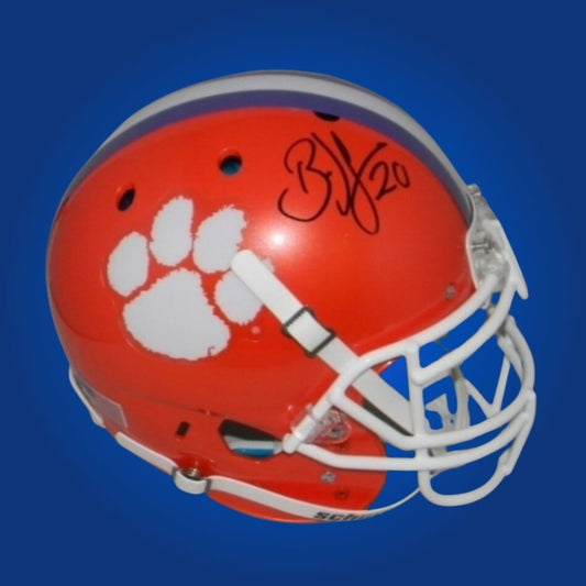 Autographed Clemson Tigers full size Authentic Helmet signed by Brian Dawkins, featured on a white display background. SportsMarkets product photo.