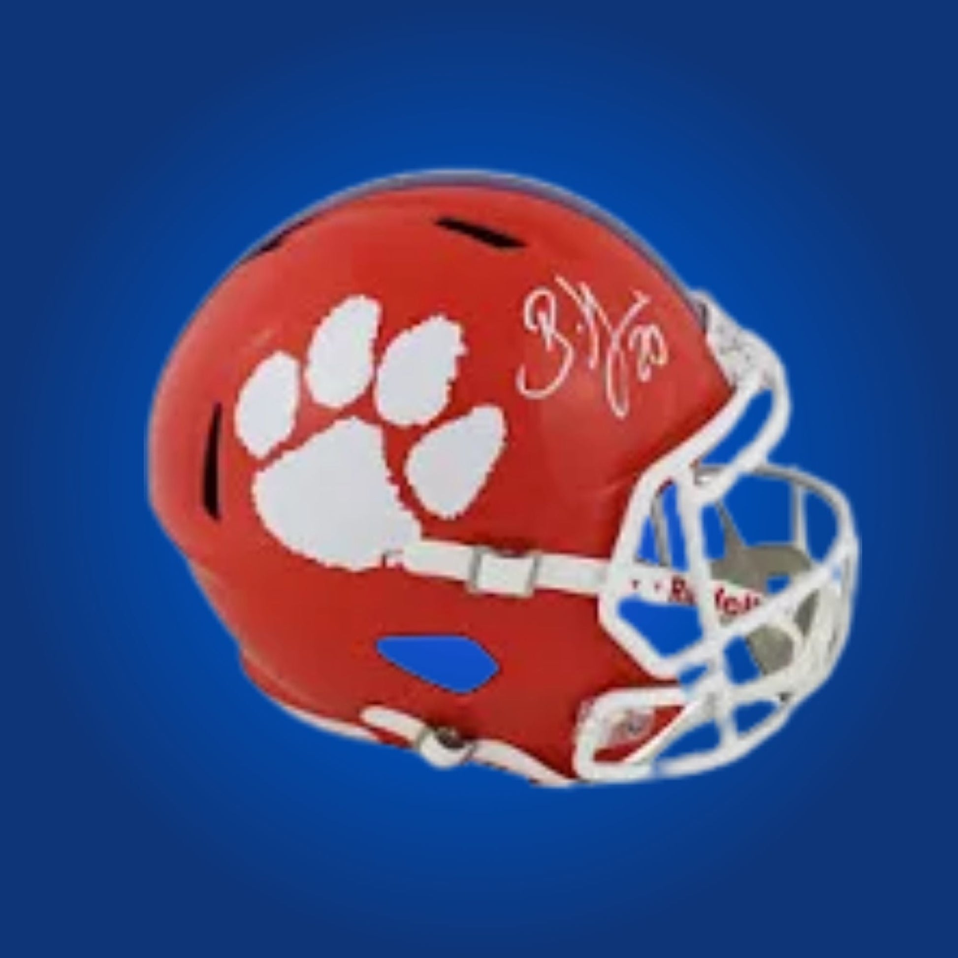 Autographed Clemson Tigers full size replica helmet signed by Brian Dawkins, featured on a white display background. SportsMarkets product photo.