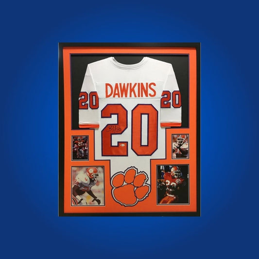 Brian Dawkins Signed Full Framed Custom Clemson Tigers Jersey – autographed memorabilia, Hall of Fame safety collectible, ultimate Clemson Tigers fan jersey.