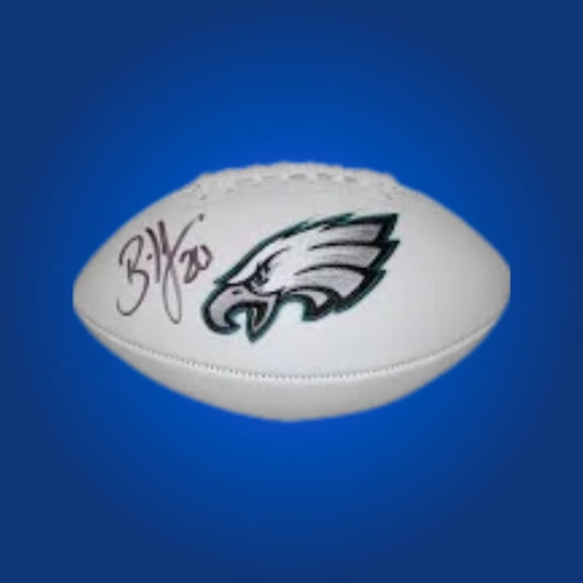 Brian Dawkins signed Eagles logo football, showcasing Hall of Fame safety’s signature and team emblem.