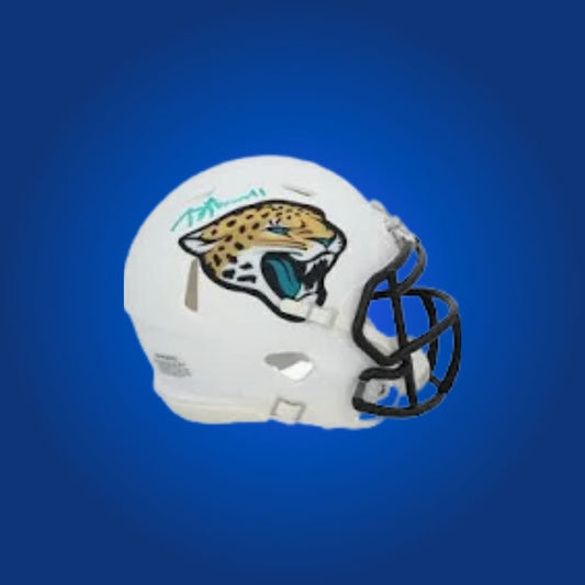 Jacksonville Jaguars White Lunar Eclipse Mini Helmet signed by Brian Thomas Jr, Certificate of Authenticity included