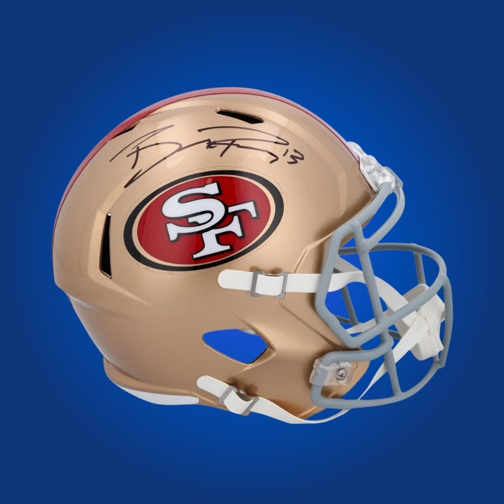 Brock Purdy hand-signed replica San Francisco 49ers helmet, showcasing signature and official team graphics. A unique collectible for 49ers fans and Purdy memorabilia collectors. Includes Certificate of Authenticity. Images may differ for catalog uniformity.