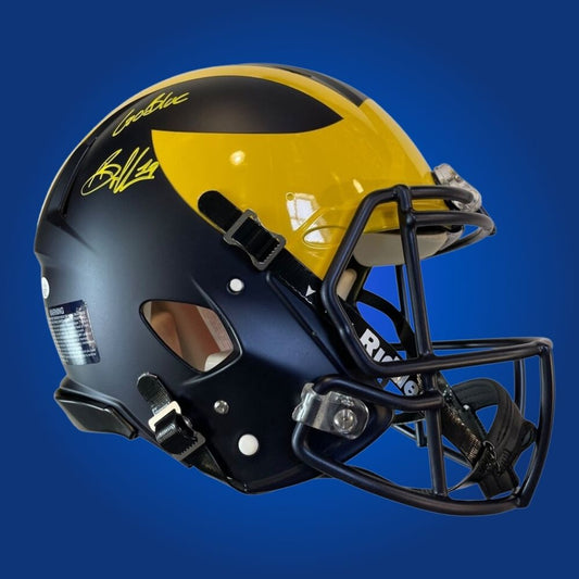 Autographed Michigan Wolverines full size Authentic Helmet signed by Bryce Underwood, displayed on a white background. SportsMarkets product image.