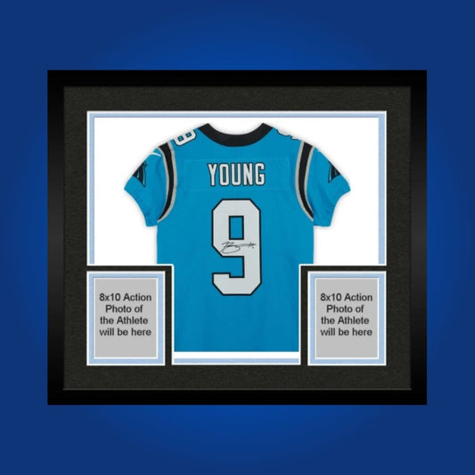 Framed Carolina Panthers jersey signed by Bryce Young with action photos and Certificate of Authenticity