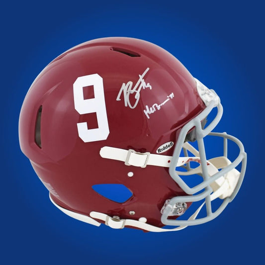Autographed Alabama Crimson Tide full size Authentic Helmet signed by Bryce Young, positioned on a white display background. SportsMarkets product image.