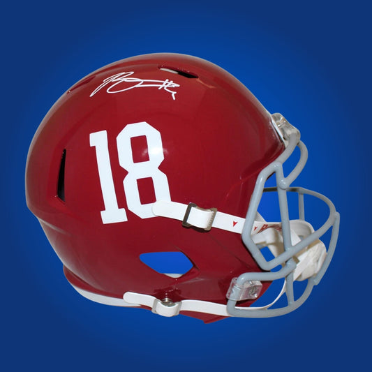 Autographed Alabama Crimson Tide full size replica helmet signed by Bryce Young, positioned on a white display background. SportsMarkets product image.