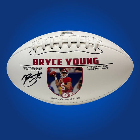 Signed Alabama Crimson Tide white logo football by Bryce Young, premium collectible for devoted Alabama fans.