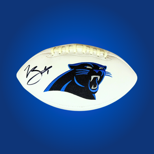 Bryce Young signed Carolina Panthers logo football, featuring his authentic signature, ideal for Panthers fans and NFL memorabilia.
