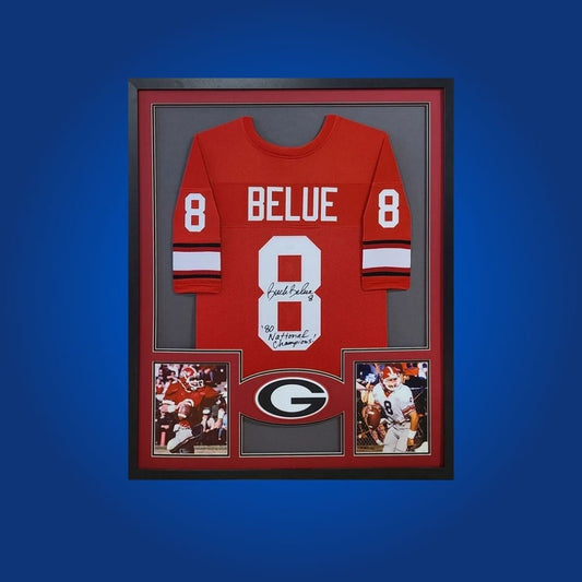 Buck Belue Signed Full Framed Custom Georgia Bulldogs Jersey – autographed memorabilia, championship quarterback collectible, perfect for Bulldogs fans.