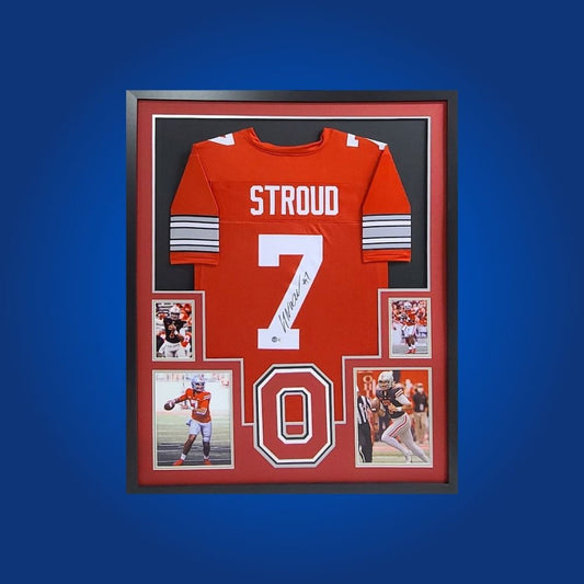 C.J. Stroud Signed Full Framed Custom Ohio State Buckeyes Jersey – autographed memorabilia, record-setting quarterback collectible, essential for Buckeyes collectors.