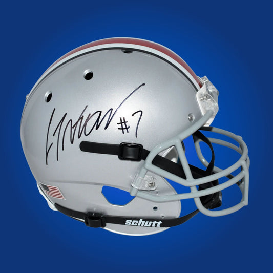 Autographed Ohio State Buckeyes full size replica helmet signed by C.J. Stroud, displayed on a white background. SportsMarkets memorabilia image.