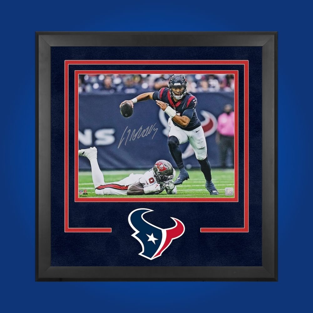 CJ Stroud hand-signed Houston Texans framed 16x20, showcasing signature and official team graphics. A unique collectible for Texans fans and Stroud memorabilia collectors. Includes Certificate of Authenticity. Images may differ for catalog uniformity.