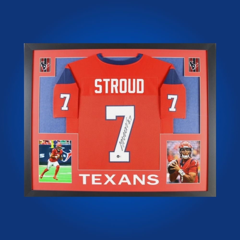 Framed Houston Texans custom jersey signed by CJ Stroud with Certificate of Authenticity.