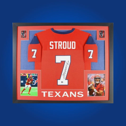 Framed Houston Texans custom jersey signed by CJ Stroud with Certificate of Authenticity.