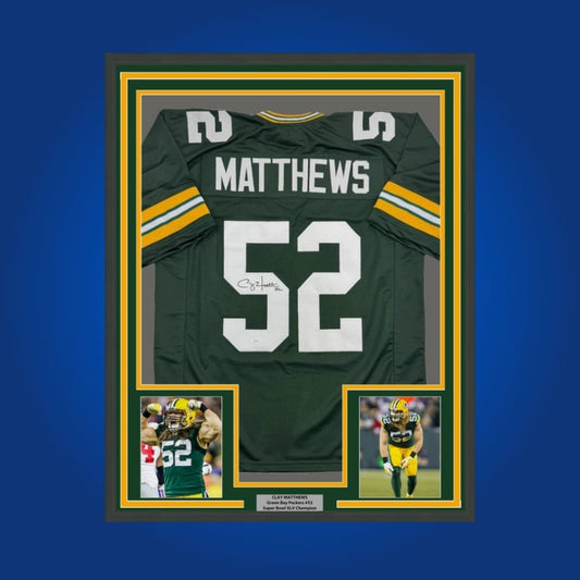 Framed Clay Matthews signed Packers jersey, paired with two framed action photos and COA.