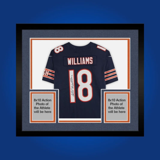 Framed Chicago Bears jersey signed by Caleb Williams with action photos and Certificate of Authenticity