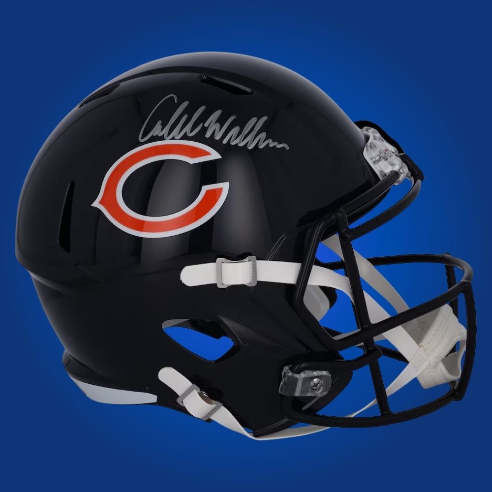 Caleb Williams hand-signed Chicago Bears replica helmet, showcasing signature and official team graphics. A unique collectible for Bears fans and Williams memorabilia collectors. Includes Certificate of Authenticity. Images may differ for catalog uniformity.