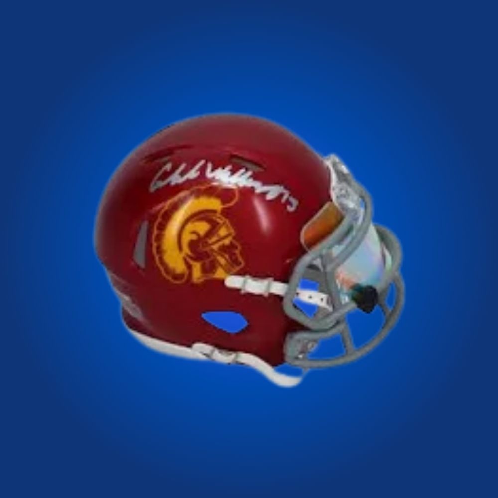 Caleb Williams signed USC Trojans mini helmet—prized collectible for USC fans and Williams memorabilia enthusiasts.