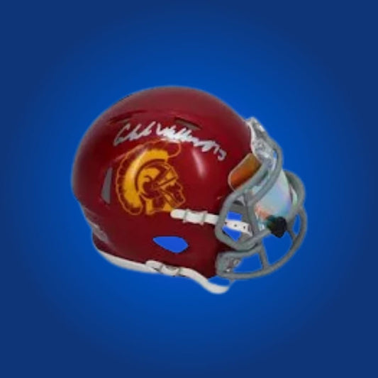 Caleb Williams signed USC Trojans mini helmet—prized collectible for USC fans and Williams memorabilia enthusiasts.
