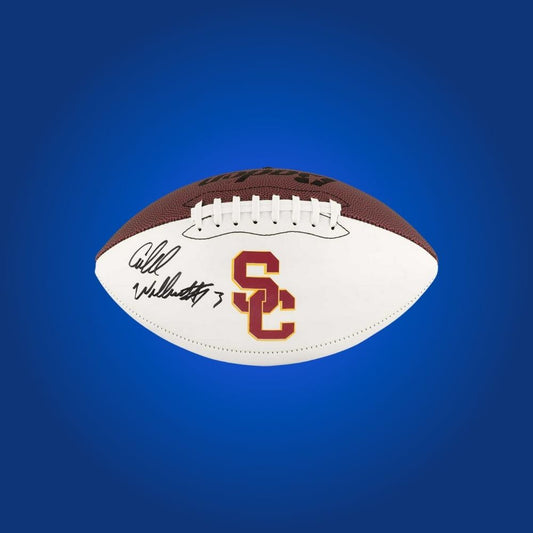 Autographed full size replica football by Caleb Williams, featuring USC Trojans white logo. Certified authentic, an exclusive collectible for USC enthusiasts and sports memorabilia collectors. Certificate of Authenticity included. Ball details may differ for catalog consistency.