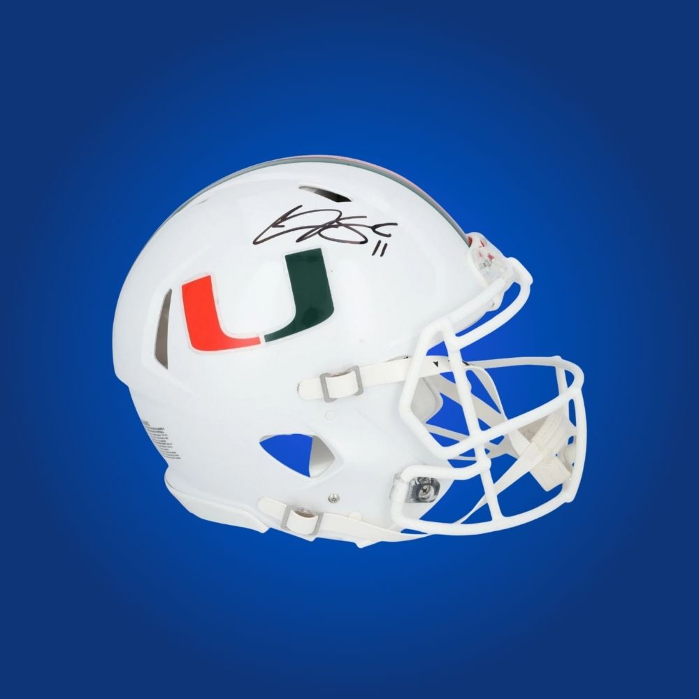 Carson Beck hand-signed Miami Hurricanes authentic white helmet, showcasing signature and official team graphics. A unique collectible for Miami fans and Beck memorabilia collectors. Includes Certificate of Authenticity. Images may differ for catalog uniformity.