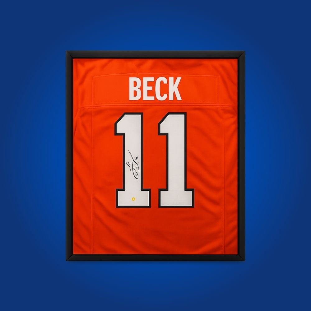 Carson Beck hand-signed Miami Hurricanes orange framed jersey, showcasing signature and official team graphics. A unique collectible for Miami fans and Beck memorabilia collectors. Includes Certificate of Authenticity. Images may differ for catalog uniformity.