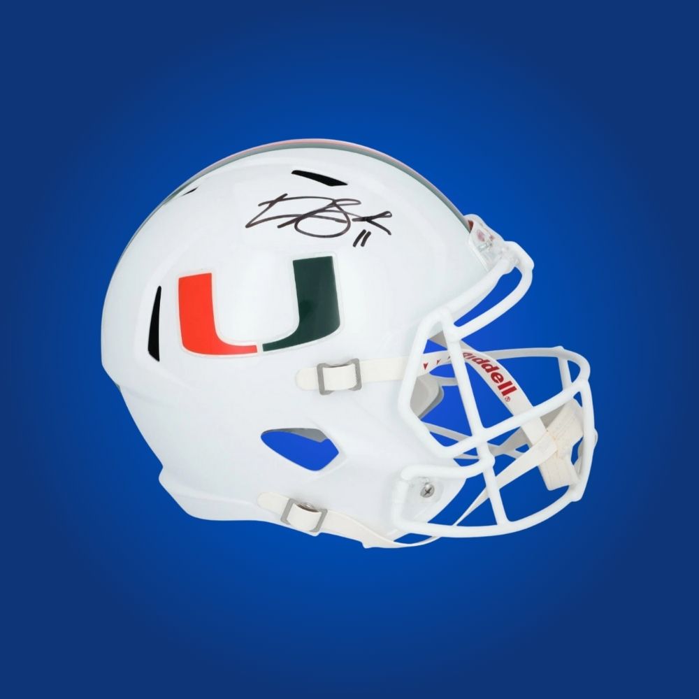 Carson Beck hand-signed Miami Hurricanes white replica helmet, showcasing signature and official team graphics. A unique collectible for Miami fans and Beck memorabilia collectors. Includes Certificate of Authenticity. Images may differ for catalog uniformity.