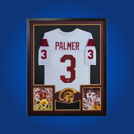 Carson Palmer Signed Full Framed Custom USC Trojans Jersey – autographed memorabilia, Pro Bowl quarterback collectible, ideal for Trojans collectors.