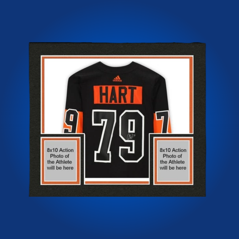 Carter Hart’s full framed Philadelphia Flyers black jersey, autographed, is a top-tier collectible for fans of the team’s standout young goaltender.