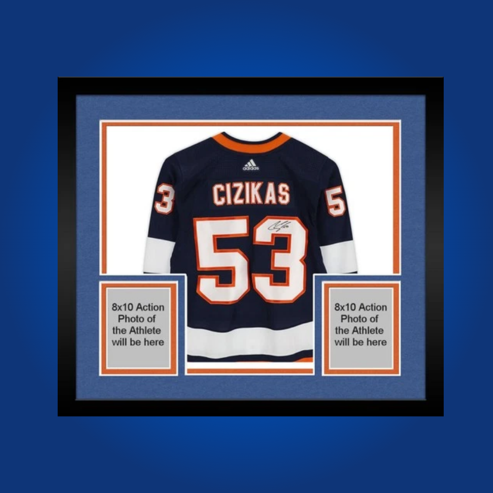 Casey Cizikas’ full framed New York Islanders blue jersey, personally signed, is a vibrant collectible for fans, celebrating the forward’s grit and commitment to the team.