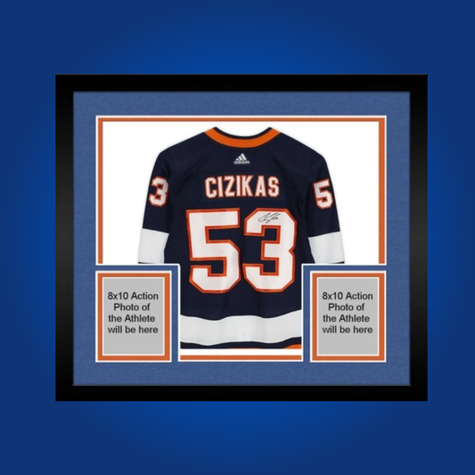 Casey Cizikas’ full framed New York Islanders blue jersey, personally signed, is a vibrant collectible for fans, celebrating the forward’s grit and commitment to the team.
