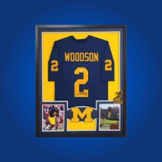 Charles Woodson Signed Full Framed Custom Michigan Wolverines Jersey – autographed memorabilia, Heisman winner collectible, a must-have for Wolverines supporters.