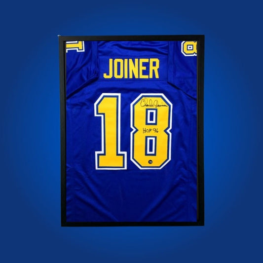 Signed Los Angeles Chargers jersey by legendary wide receiver Charlie Joiner. Includes certificate of authenticity, professionally framed and ready to display for any Chargers fan.