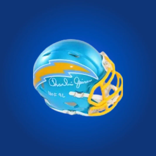Los Angeles Chargers Blue Flash Speed Mini Helmet autographed by Charlie Joiner, Certificate of Authenticity included