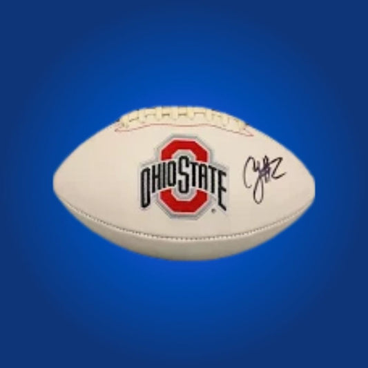 Chase Young autographed Ohio State Buckeyes white logo football, standout collectible for Buckeyes fans and memorabilia enthusiasts.