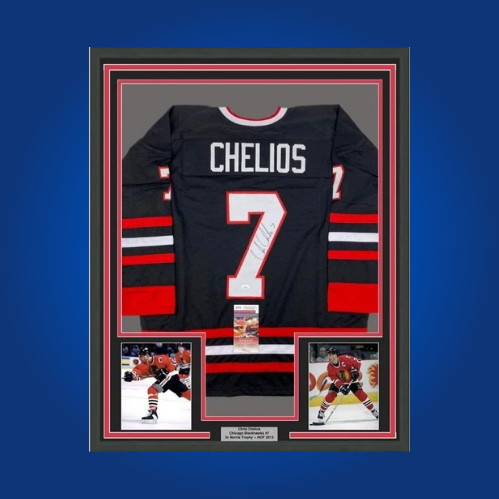 Chris Chelios’ full framed Chicago Blackhawks black jersey, signed and authenticated, honors the legendary defenseman’s storied career with the team.